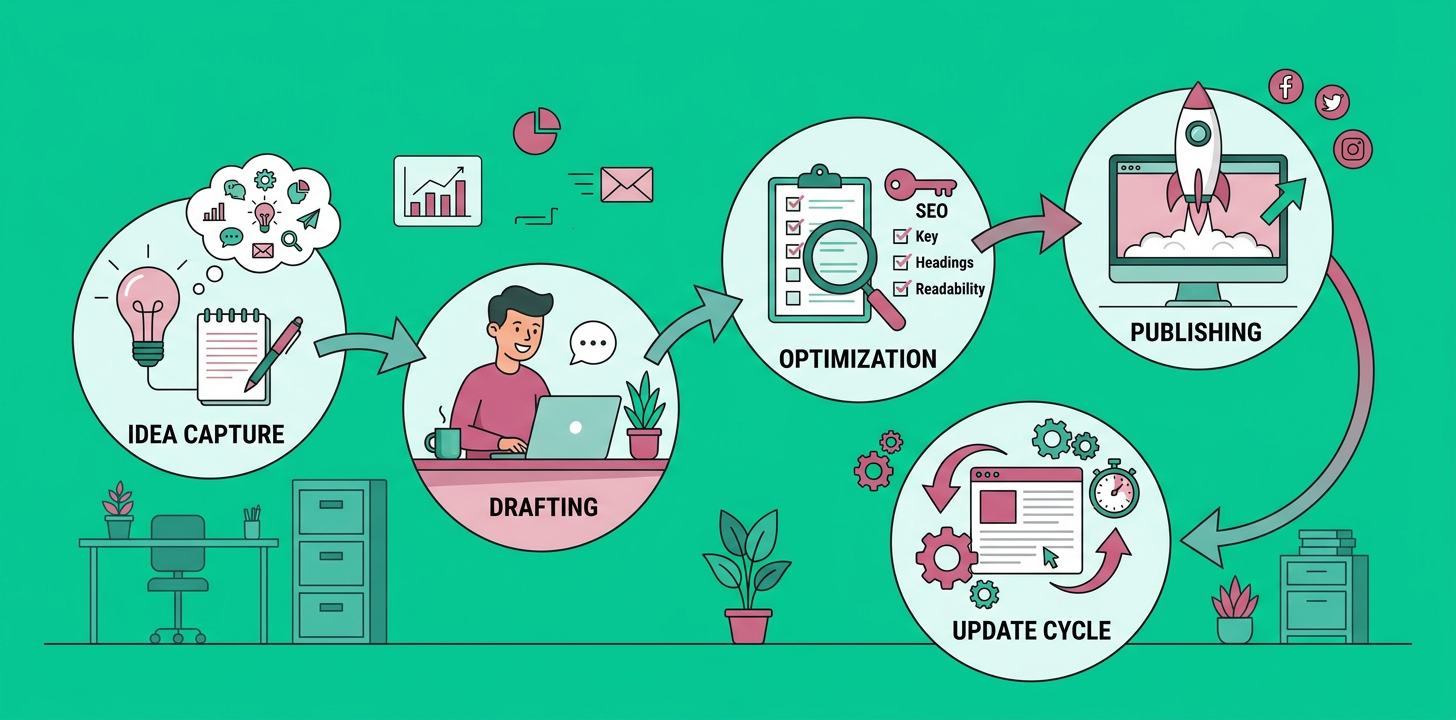 Flat-style content workflow illustration showing a simple repeatable blogging system, from idea capture to draft, optimiza...