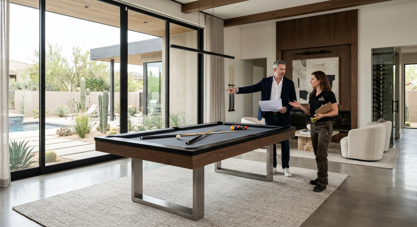 Interior-focused photorealistic scene of a designer and installation specialist discussing placement of a modern cantileve...