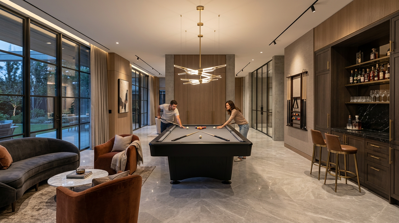 A photorealistic interior scene of a high-end billiard room layout with a modern pool table centered beneath sculptural pe...