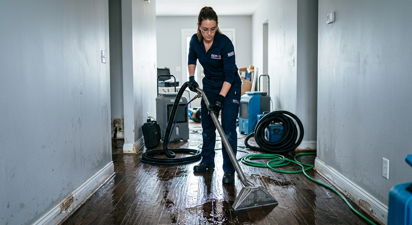 Modern restoration technician using commercial water extraction equipment in a flooded residential hallway, detailed close...