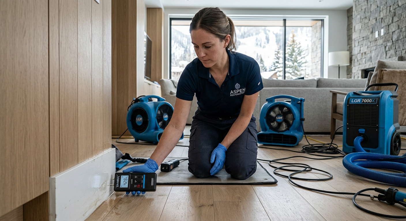 Close-up photorealistic scene of a technician placing a moisture meter on a wet baseboard inside a modern Aspen home, with...