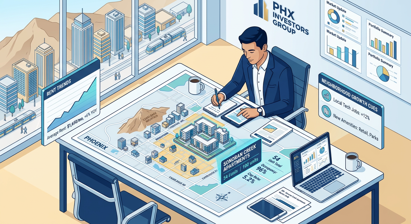 Isometric modern illustration of a Phoenix investor reviewing a multifamily property deal, with building icons, rent trend...