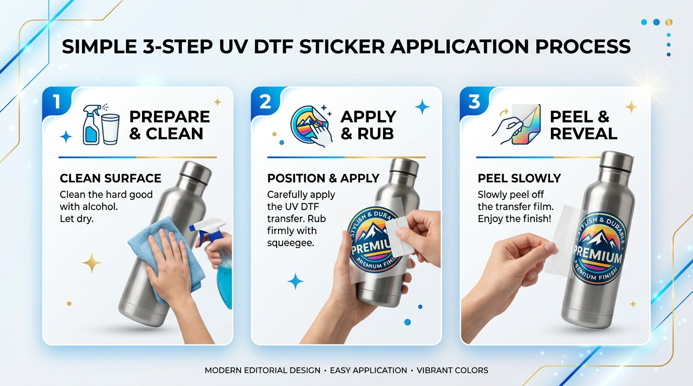 Infographic-style in-content visual showing a simple three-step process, clean product mockups, and a polished UV DTF stic...