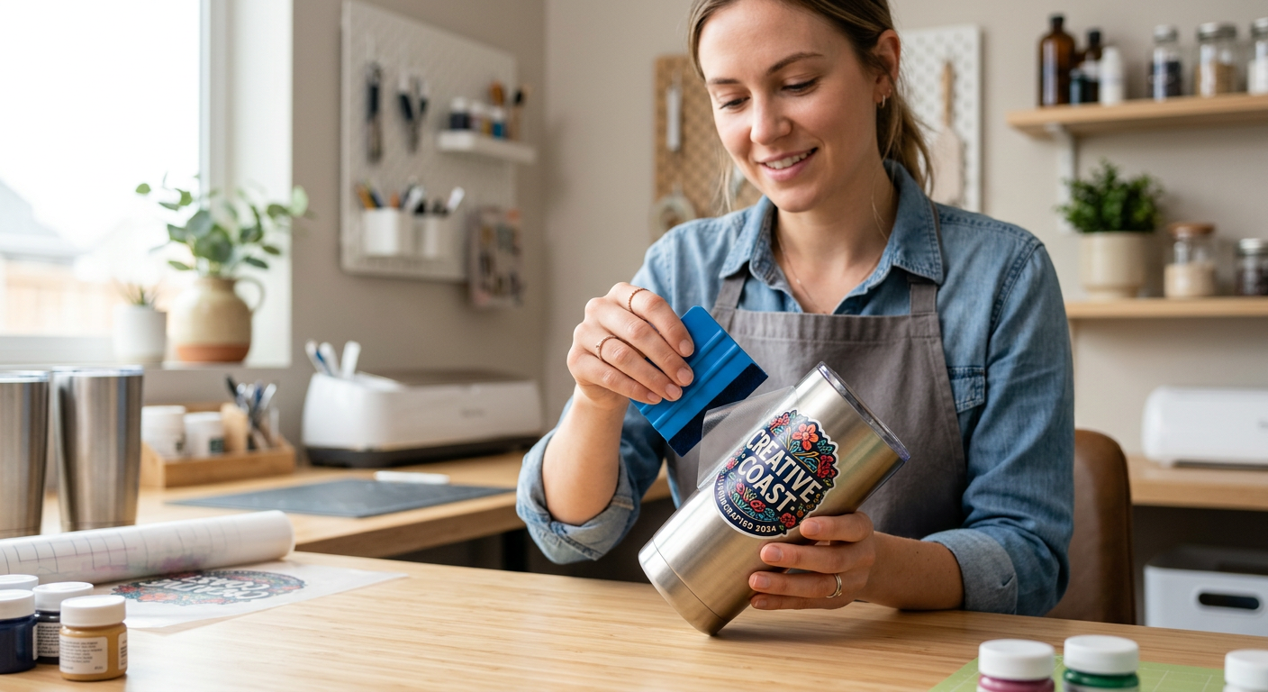 Modern workshop scene with a creator peeling a clear transfer film from a UV DTF sticker and smoothing it onto a stainless...