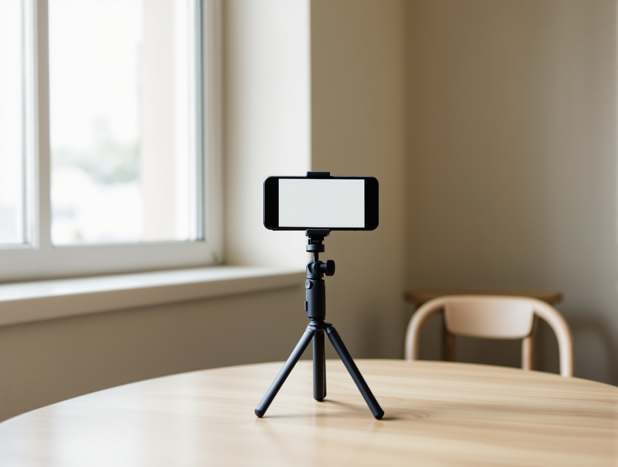 A smartphone on a small tripod near a window set up for taking well-lit selfies.
