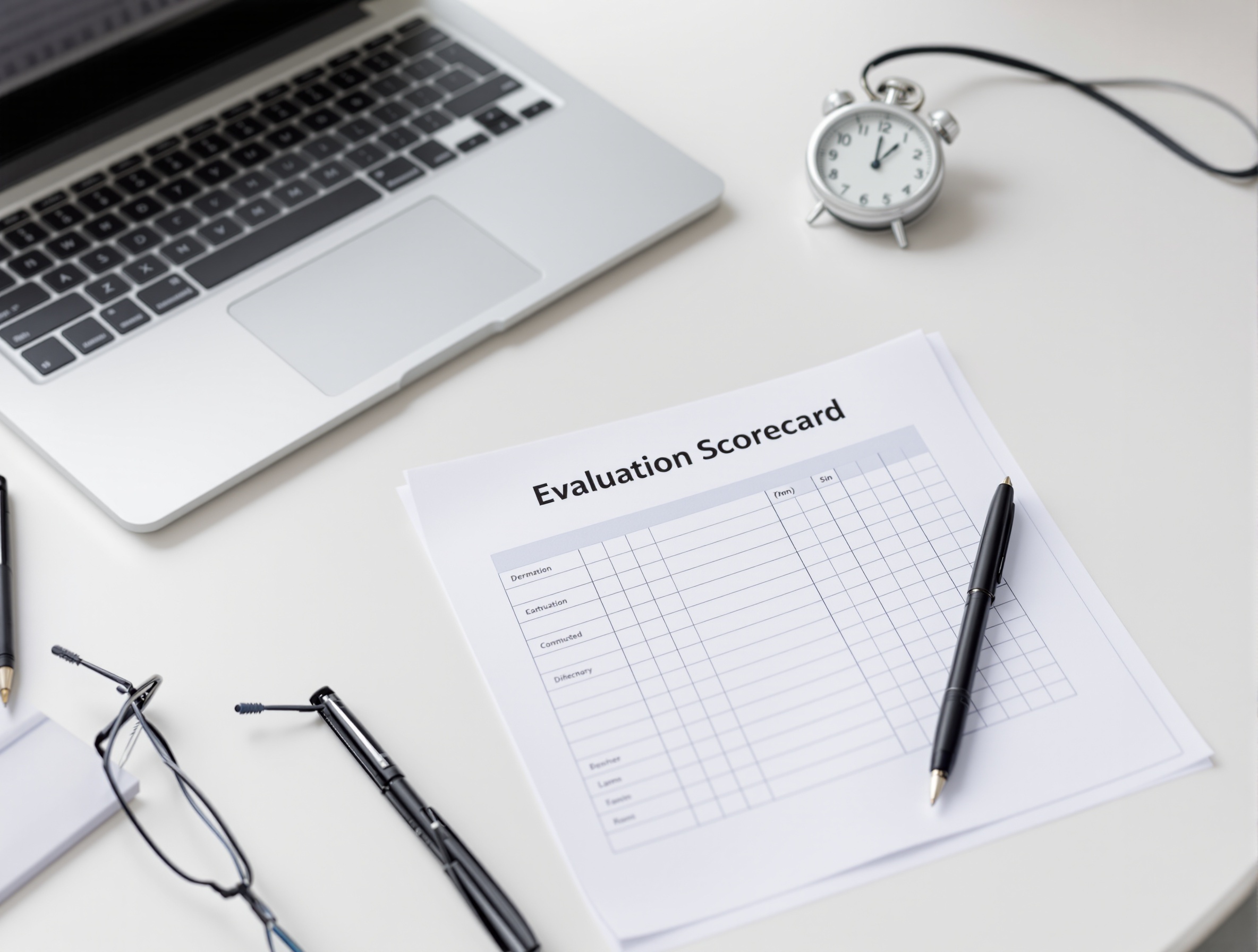 Printed AI model comparison scorecard on a desk next to a stopwatch and pen