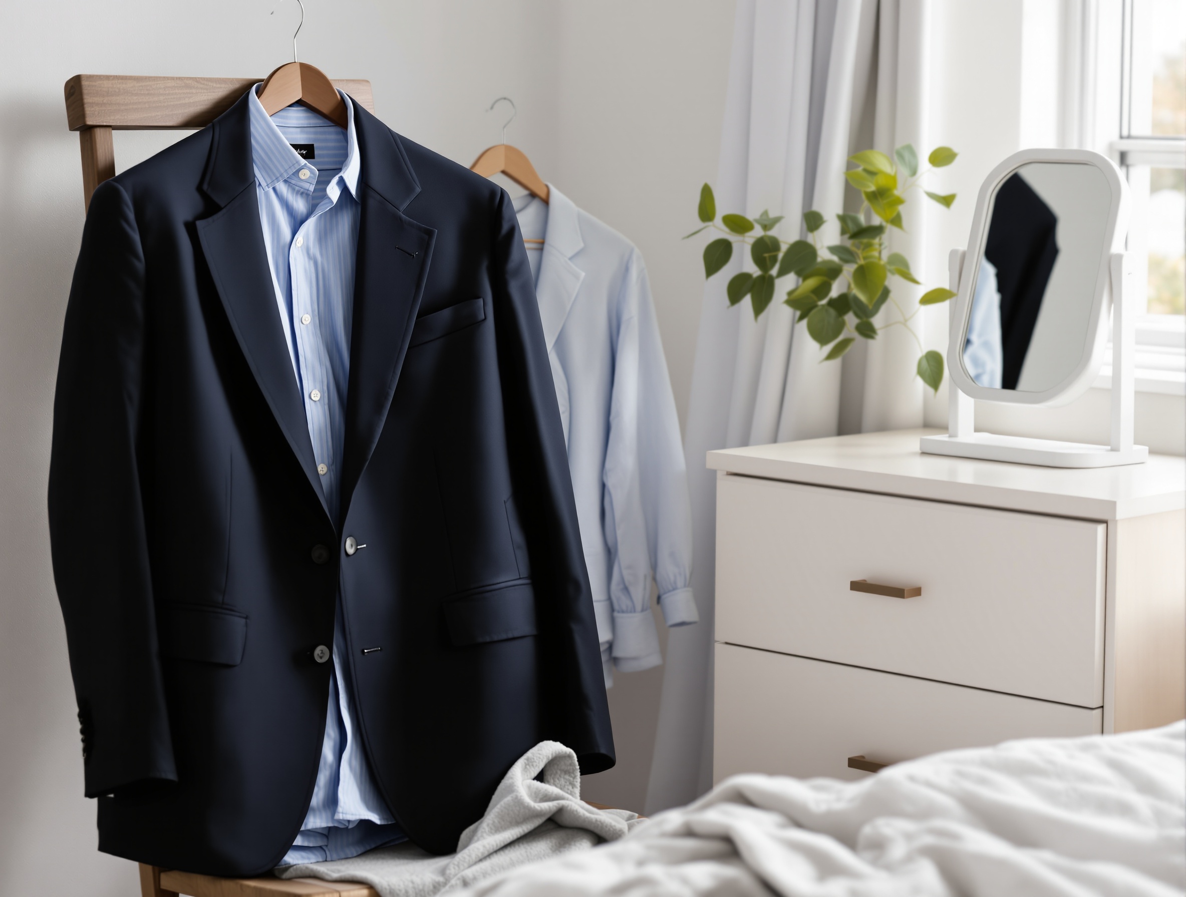 A blazer and collared shirt laid out neatly to plan a professional headshot outfit.