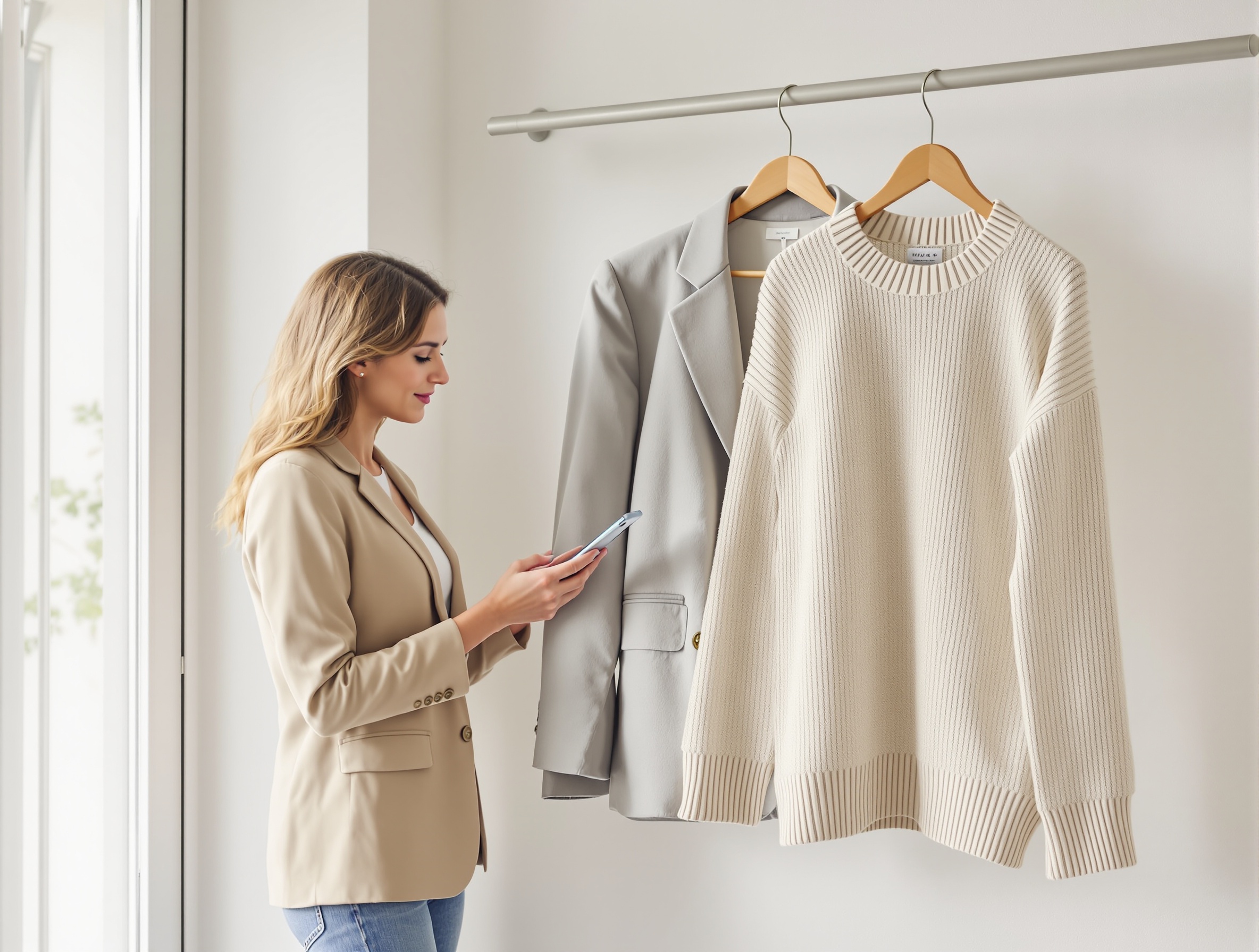 A person comparing a blazer and a sweater near a window to choose a headshot style.