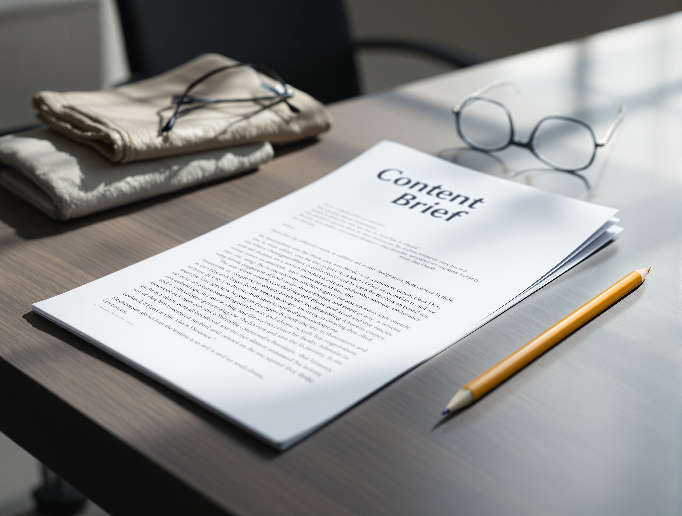 A printed SEO content brief next to a pencil and reading glasses on a table
