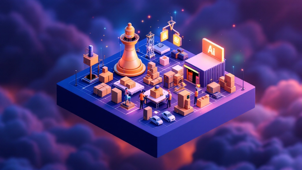 AI tools optimizing small business supply chains, showcasing digital dashboards and supply chain analytics.