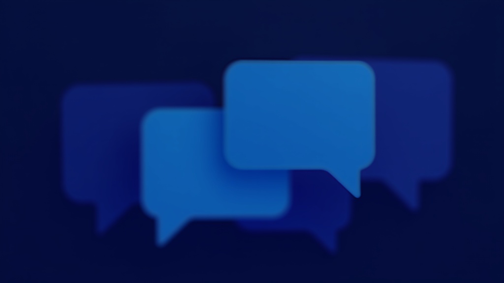 Dark navy canvas with overlapping chat bubble shapes in cyan and violet gradients, geometric arrangement suggesting repe