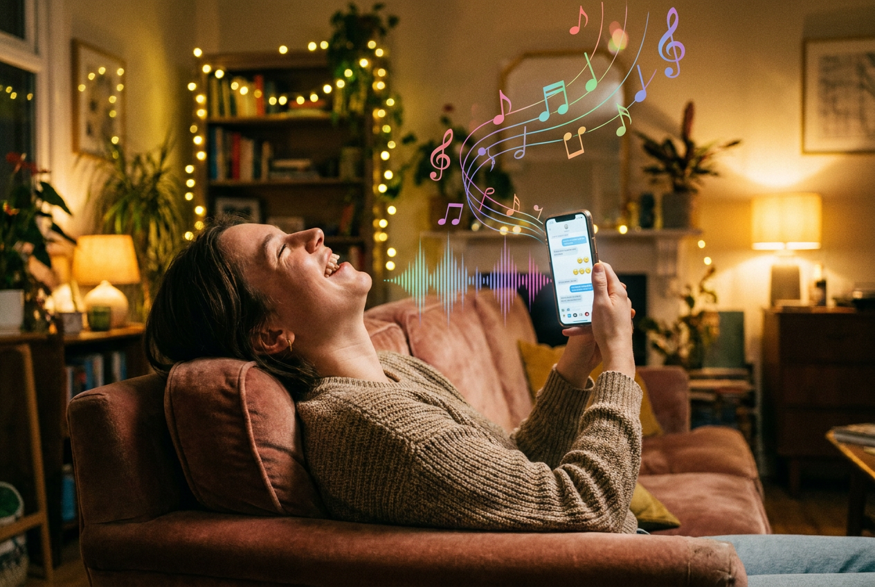 alt text: A person laughing while holding a smartphone showing a text message thread, with musical notes and colorful sound waves visually emanating from the screen, warm indoor lighting