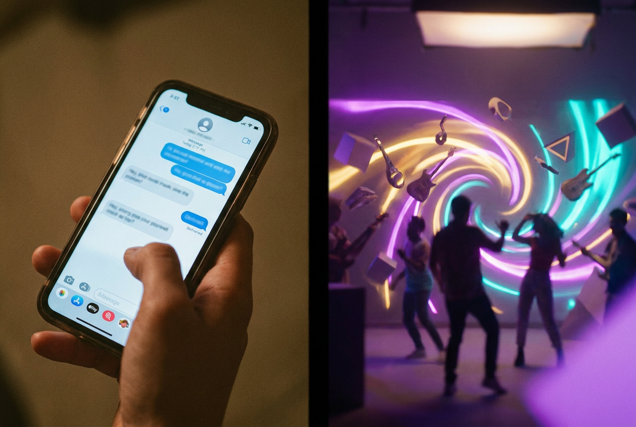 alt text: Split-screen showing a text message conversation on the left transforming into a colorful music video scene on the right