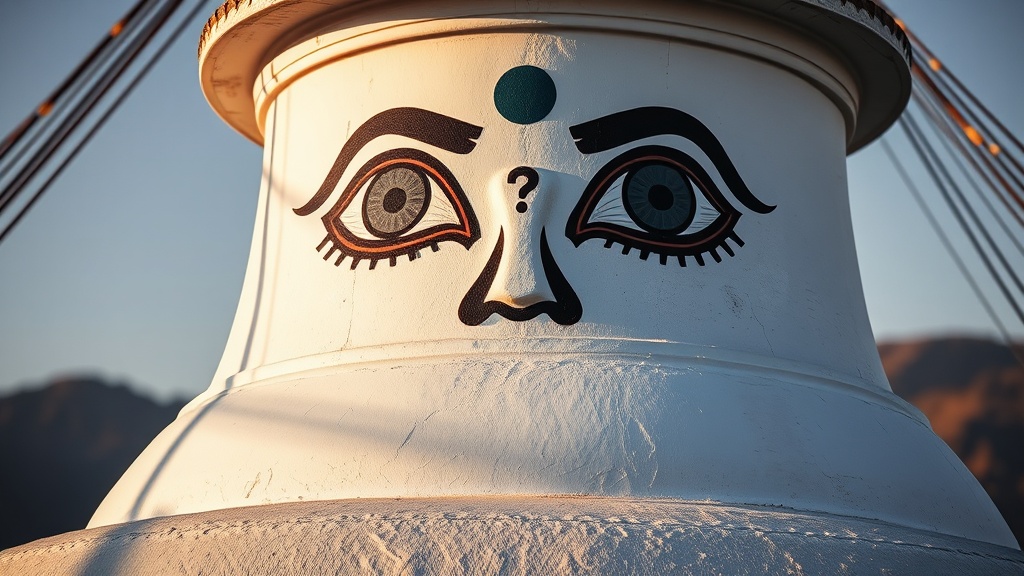 Les yeux du Bouddha peints sur un stupa népalais, regard tourné vers les quatre directions