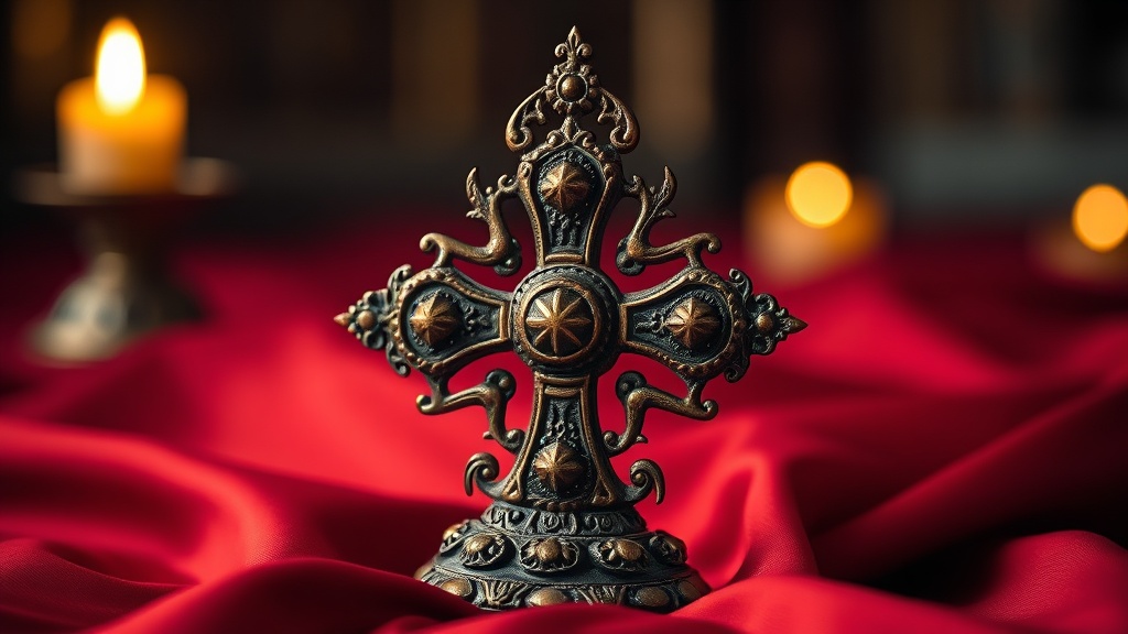 Viśva-vajra, double vajra en croix en bronze, posé sur un tissu de soie rouge