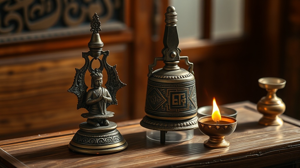 Vajra et cloche rituelle ghaṇṭā posés ensemble sur un autel de méditation en bois