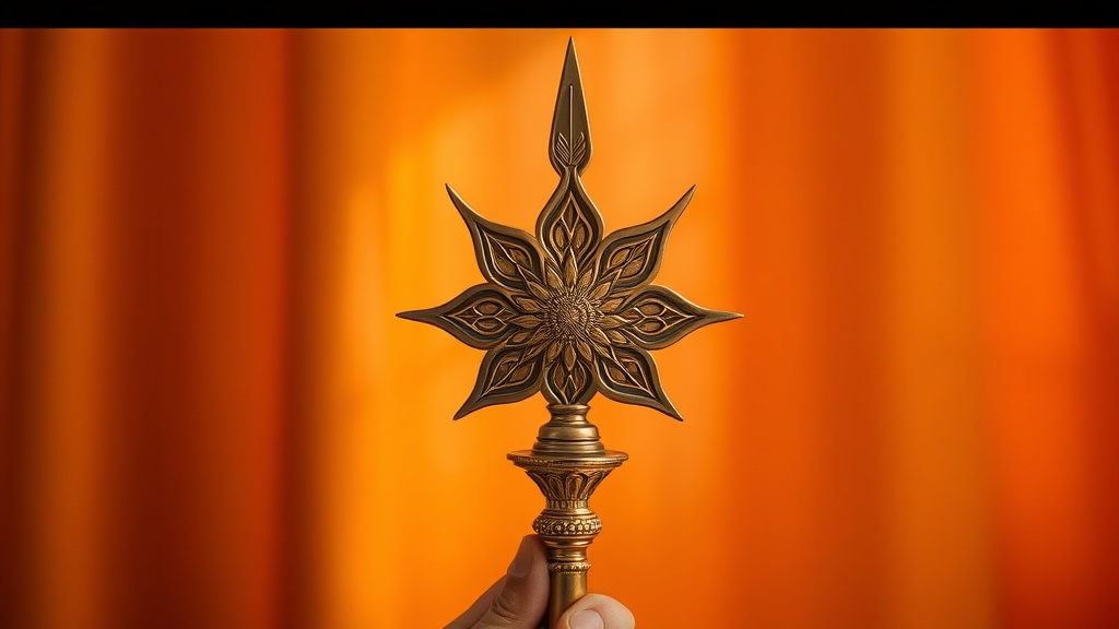 Vajra en laiton tenu dans les mains, détail des cinq branches et des pétales de lotus gravés