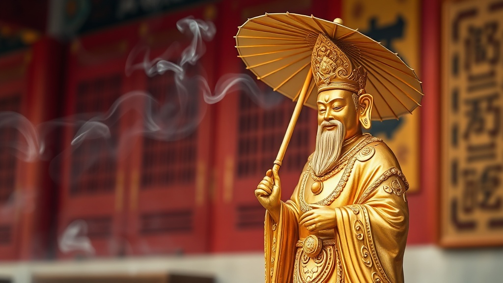 Statue dorée de Vaisravana, roi céleste bouddhiste du Nord, tenant un parasol dans un temple
