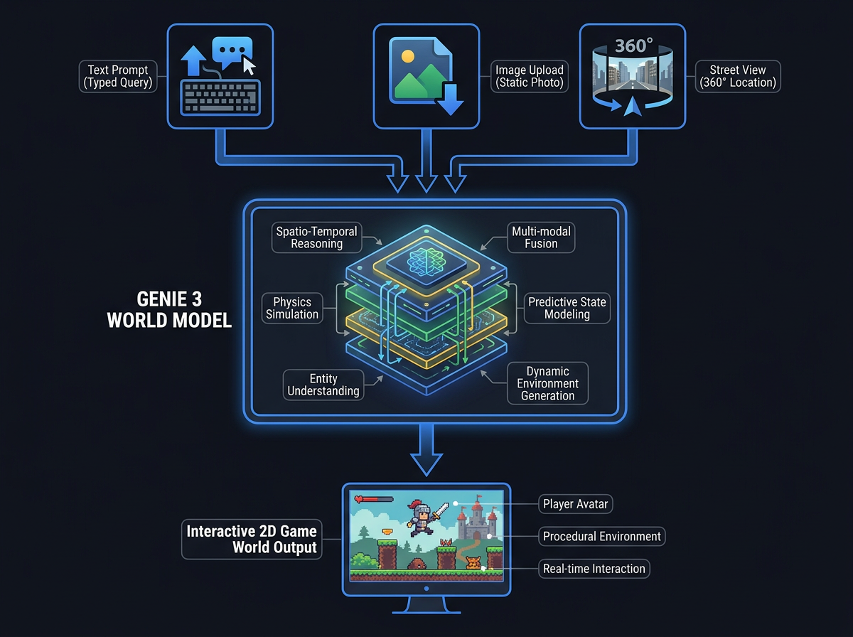 Architecture diagram of Genie 3 world model with text, image, and Street View inputs
