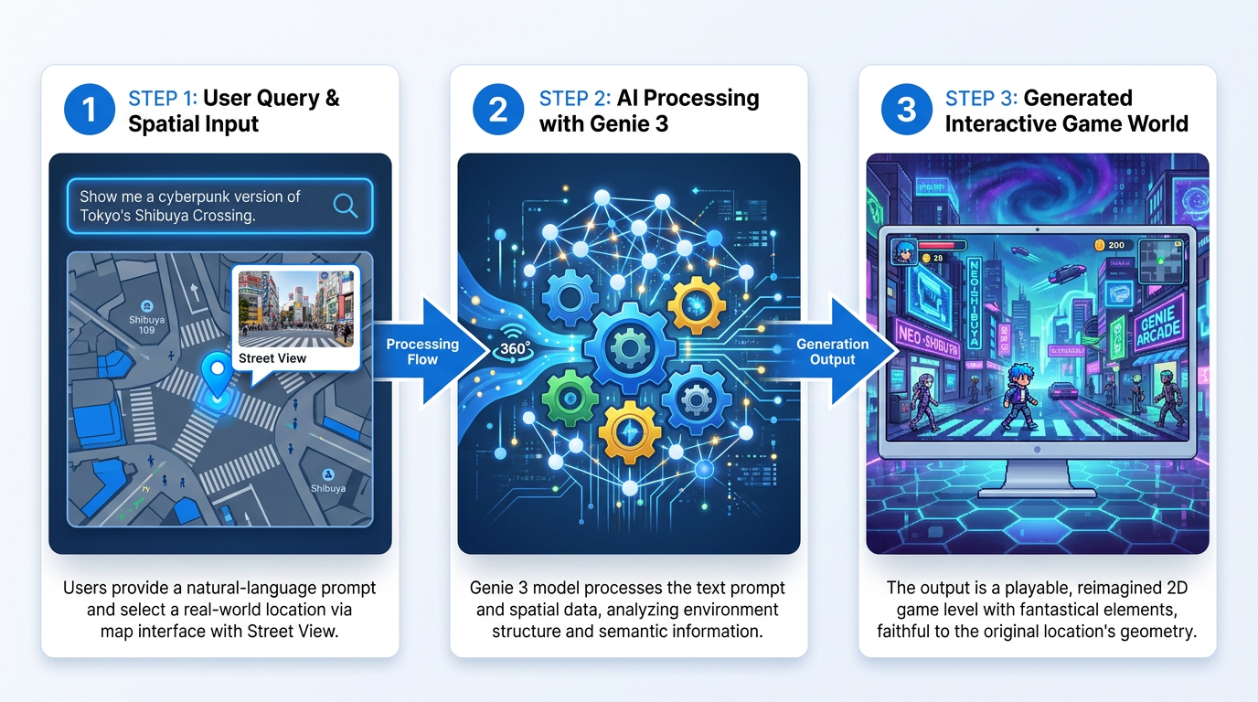 Three-step infographic showing Google Street View Project Genie world creation process