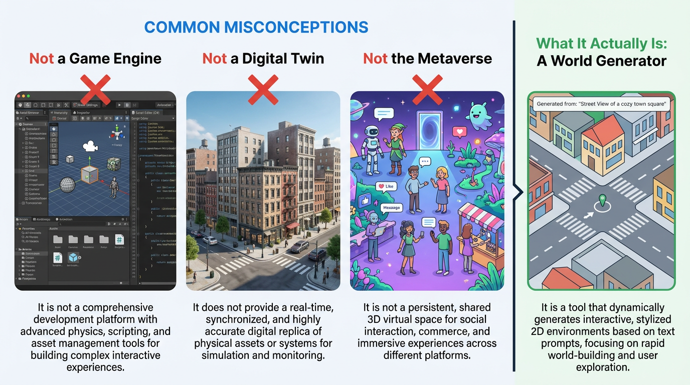 Infographic comparing Project Genie to game engines, digital twins, and metaverse platforms