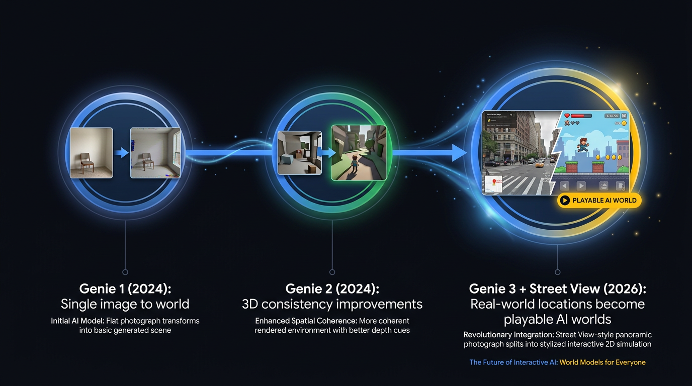 Timeline infographic showing Google Genie world model evolution from 2024 to 2026 with Street View integration