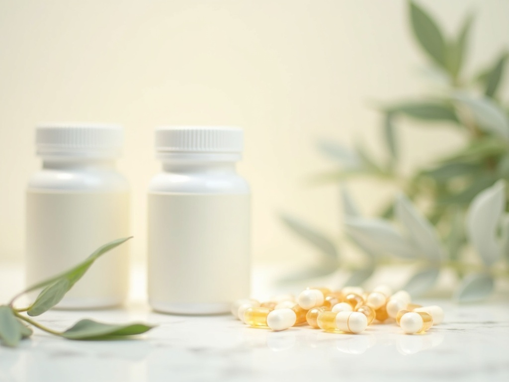Premium vitamins and mineral supplements on white marble surface with botanical accents