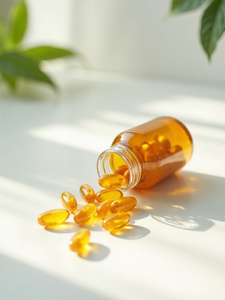 Vitamin D supplement bottle with golden capsules