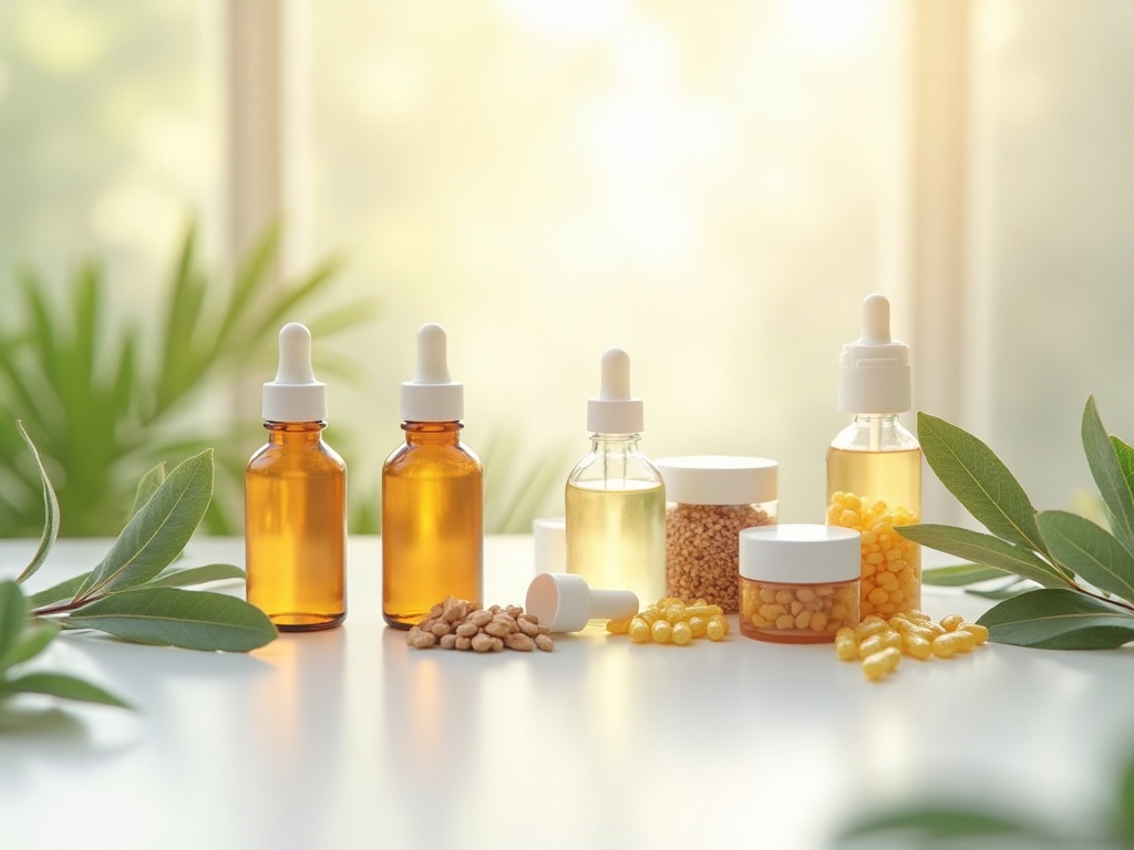 Wellness supplement collection with sage leaves and golden light