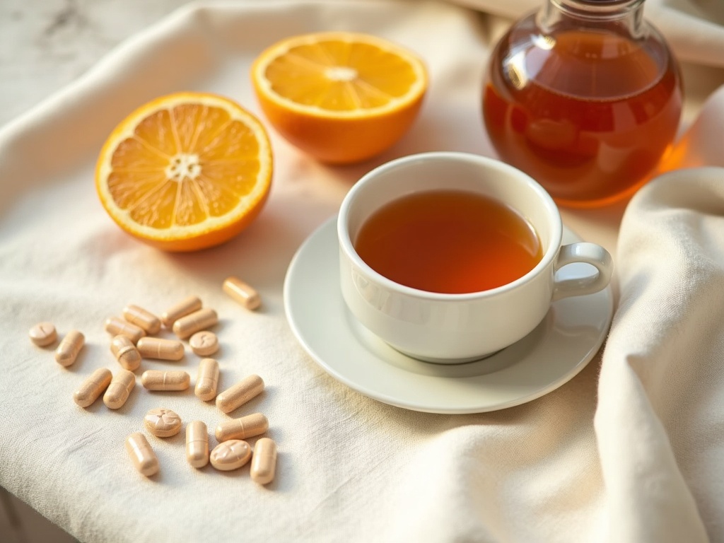 Daily supplement routine with tea and citrus fruits