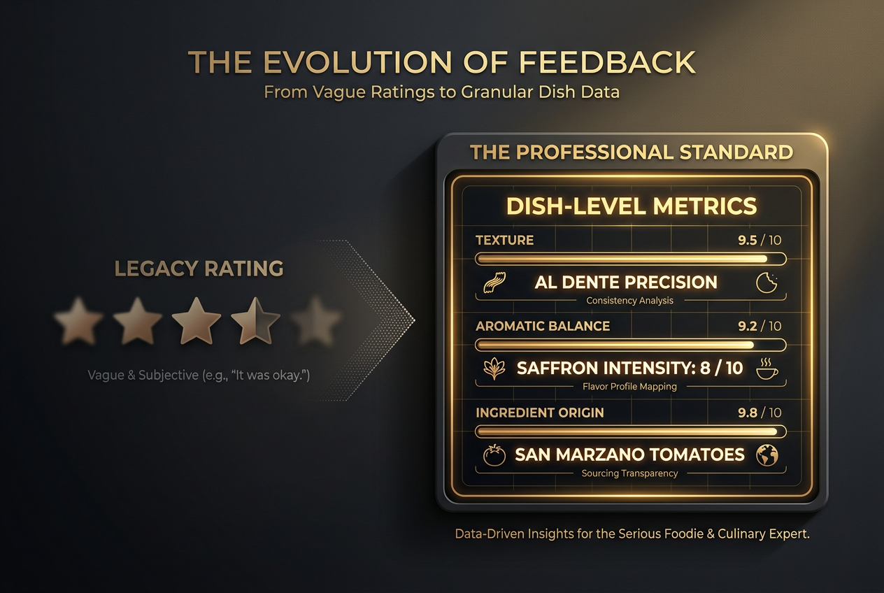 Comparison between old 5-star restaurant ratings and modern dish-level feedback software metrics including texture and ingredient quality scores.