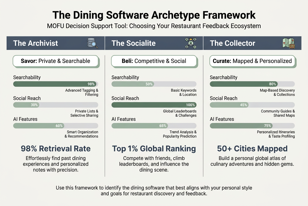 A comparison matrix of restaurant feedback software archetypes showing searchability, social reach, and AI feature scores for different apps.