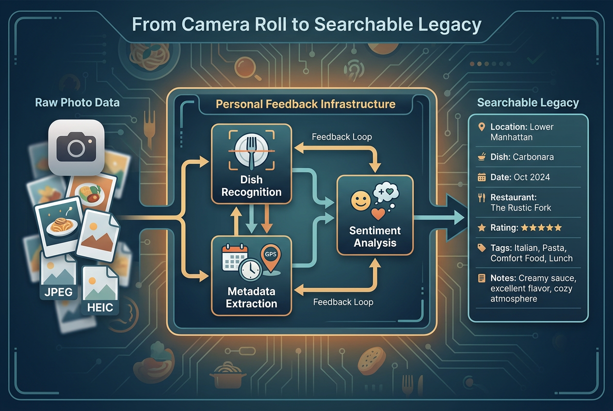 Workflow diagram showing how restaurant feedback software converts raw food photos into searchable metadata, dish recognition, and sentiment analysis.
