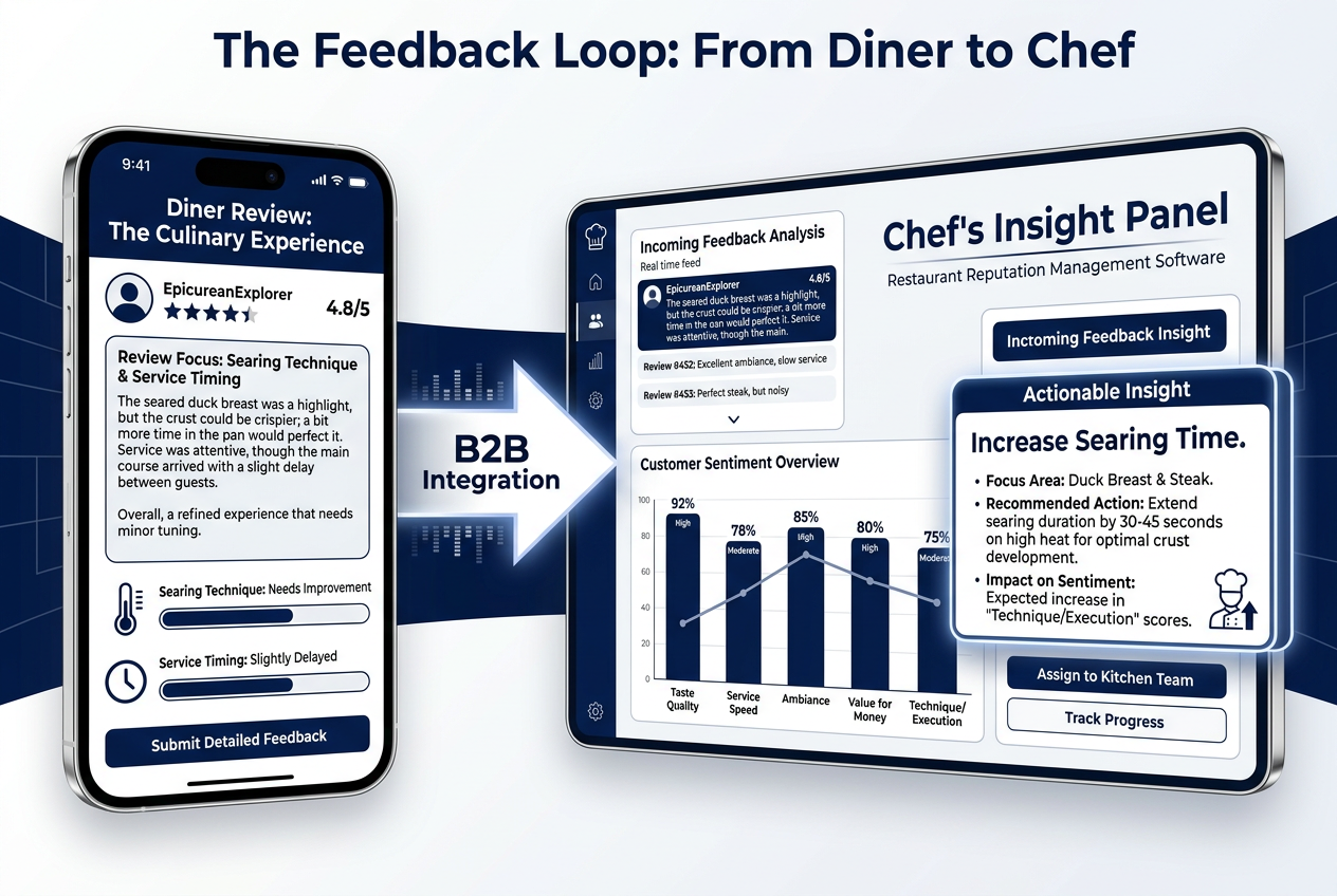 Diagram showing the feedback loop where a foodie’s high-quality review reaches the restaurant’s professional management software for real-world impact.