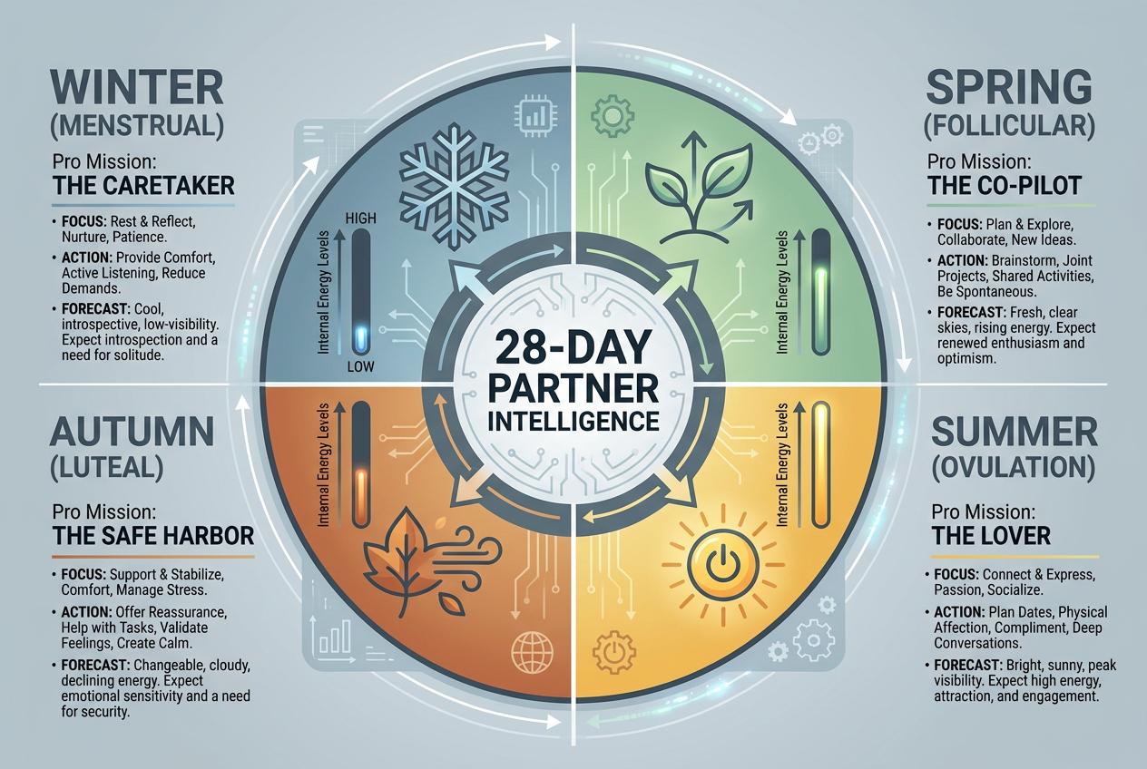 Diagram showing the four seasons of a menstrual cycle for partners, labeling the phases as Winter, Spring, Summer, and Autumn with specific roles.