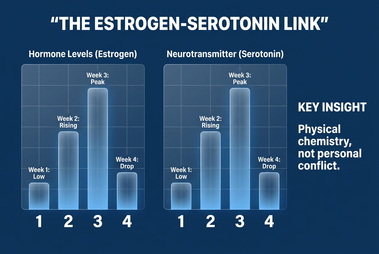 Infographic chart correlating estrogen levels with serotonin production across four weeks to explain biological mood shifts in women.