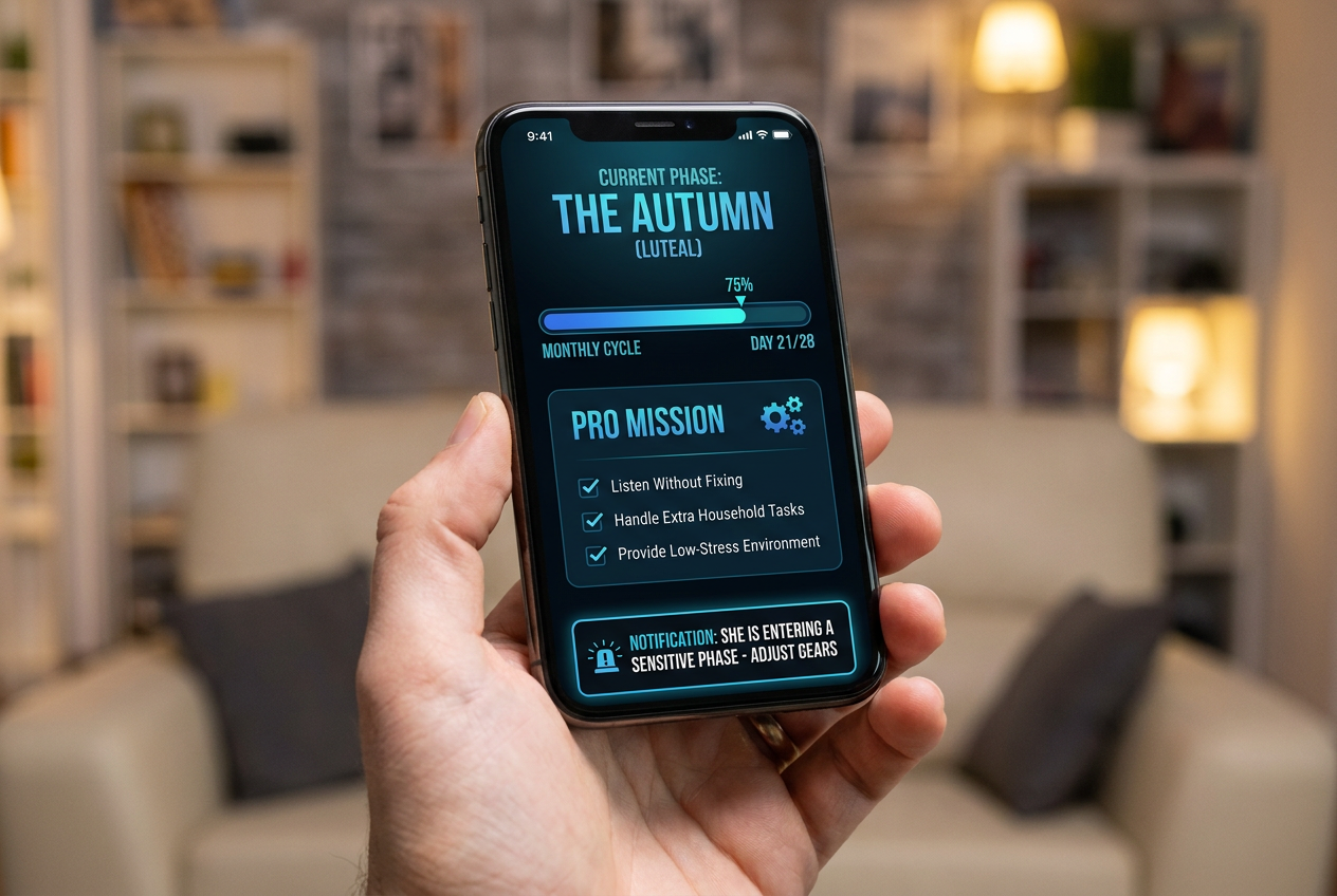 Conceptual mobile dashboard for cycle tracking showing a man’s daily mission and current relationship phase for better emotional support.