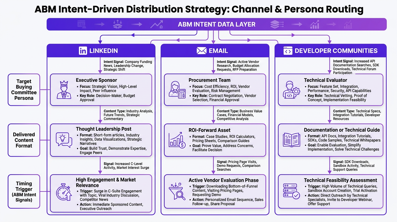 ABM content distribution infographic showing LinkedIn, email, and developer community channels