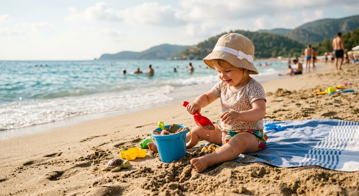 Bebek plajda oyuncaklarıyla oynuyor