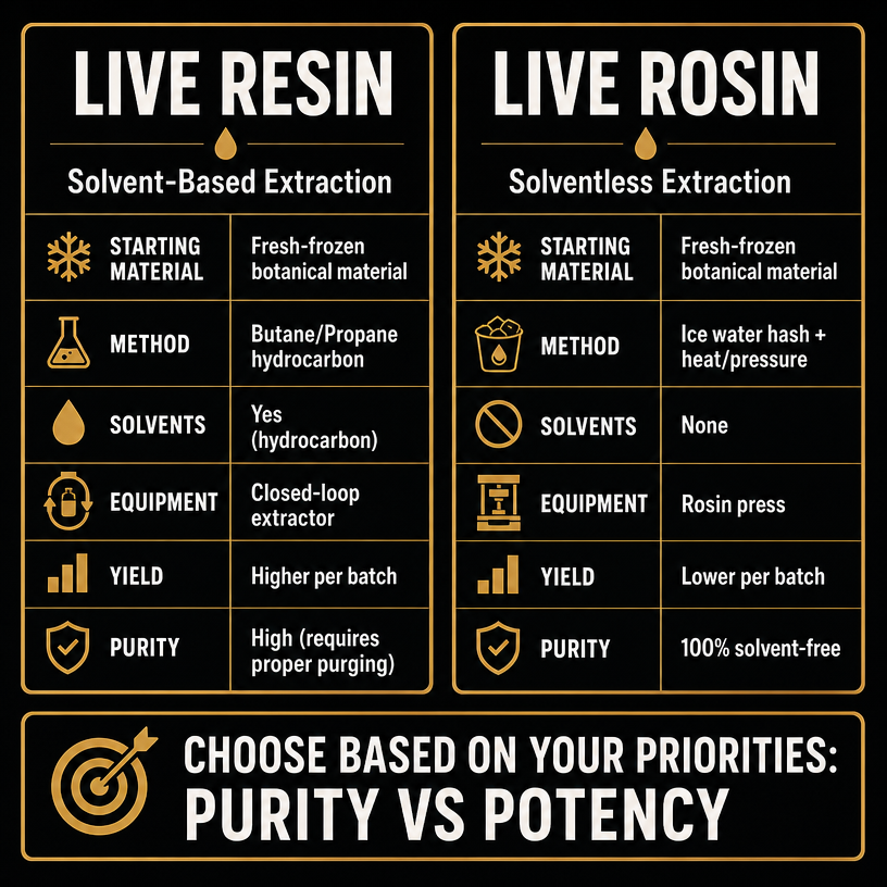 Infographic comparing Live Resin and Live Rosin extraction methods