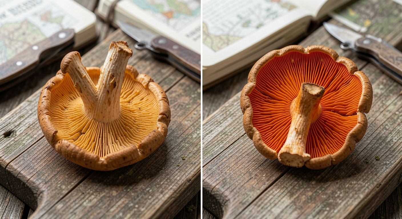 Side-by-side comparison of chanterelle false gills vs jack-o-lantern true gills on a wooden surface in natural light