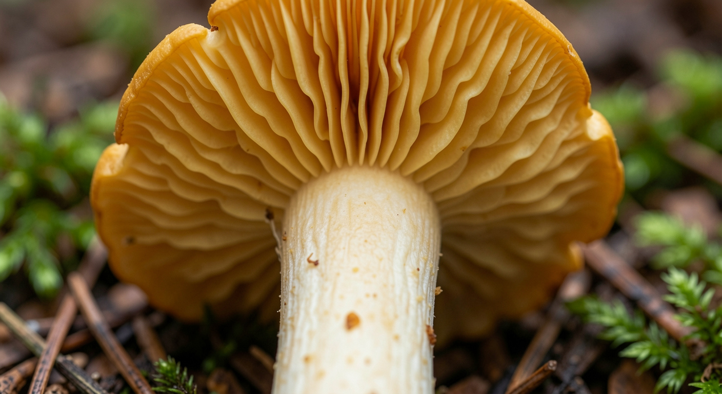 Golden chanterelle mushroom cross-section showing blunt forking false gills against forest floor duff