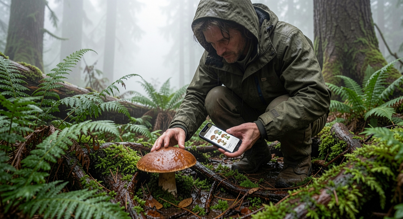 Bar chart comparing mushroom ID app accuracy rates: Picture Mushroom 49%, iNaturalist 35%, Mushroom Identificator 35%, based on Clinical Toxicology 2023 peer-reviewed study