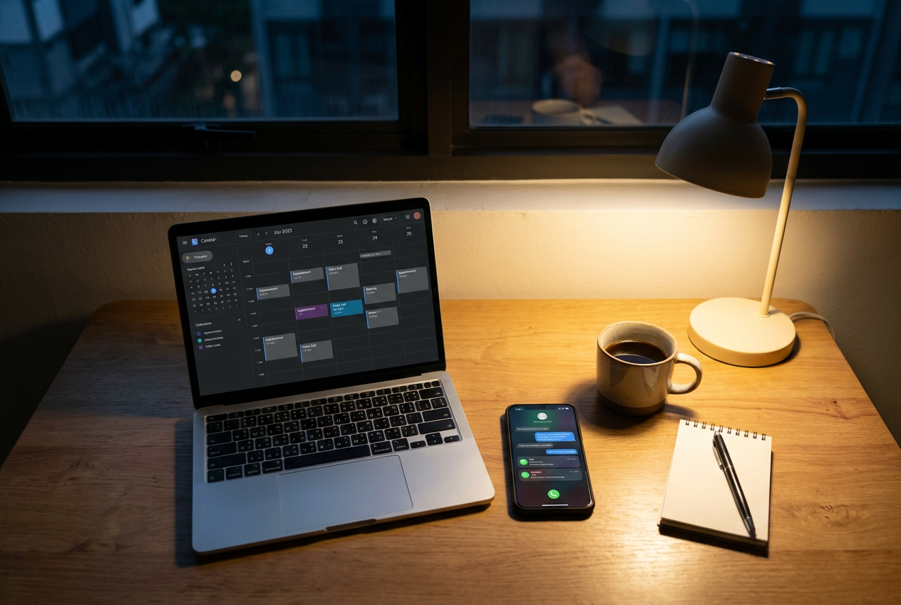 Ondernemer werkt in de avond aan laptop met telefoonmeldingen