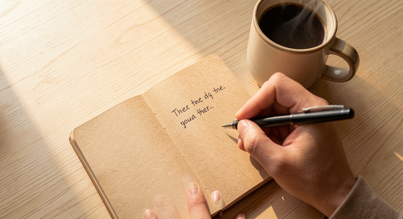 Person writing a single sentence in a small journal beside a steaming mug, warm morning window light, peaceful and unhurried