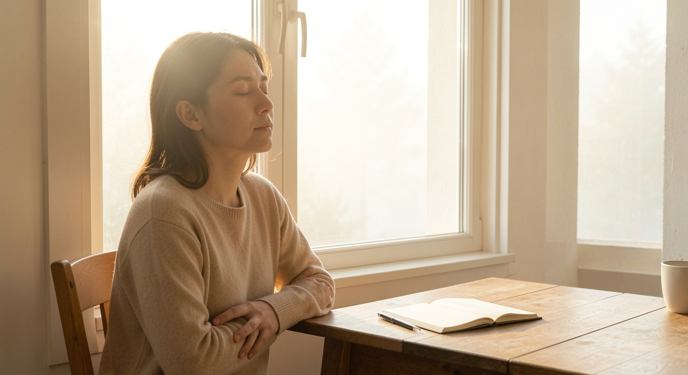 A person meditating peacefully at a sunlit window with a journal and cup of tea nearby, calm morning atmosphere