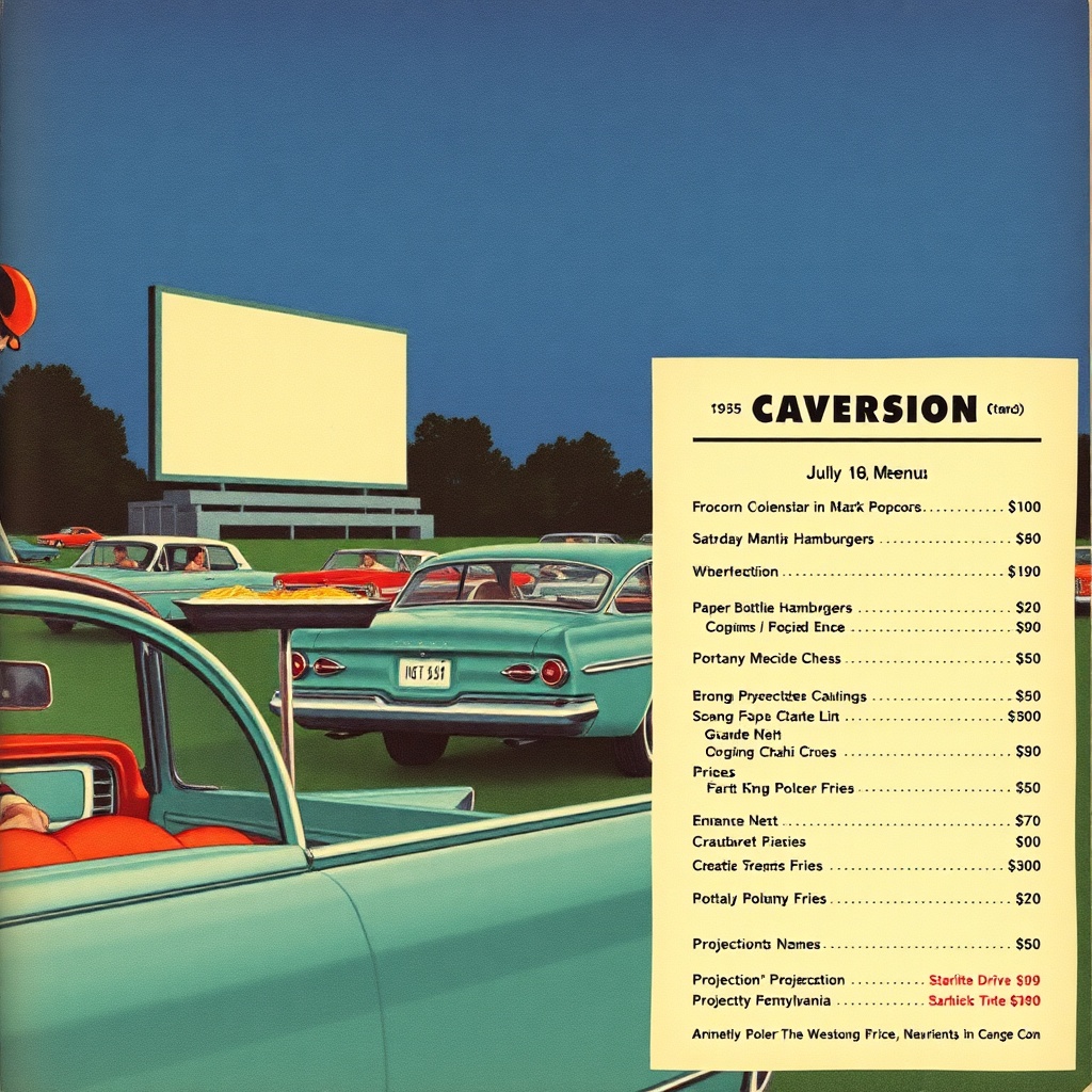 The Starlite Drive-In concession menu on a dashboard, Saturday evening, July 16, 1955