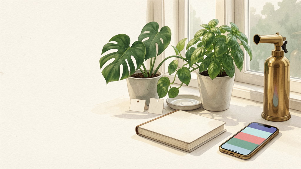 Concept visual of ordinary houseplants, blank watering tags, a notebook, and a mister on a quiet windowsill.