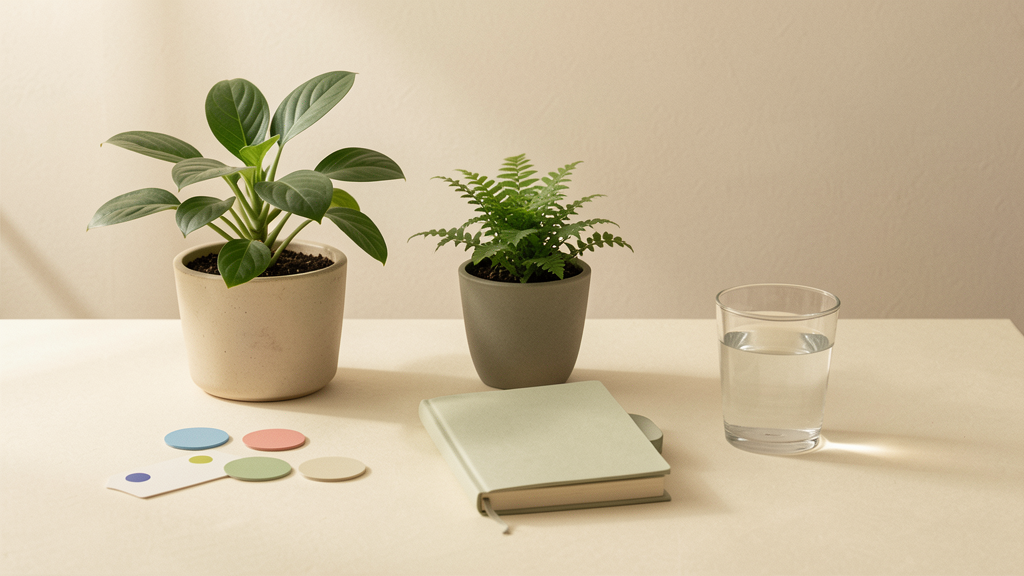 Calm tabletop concept visual with plants, a notebook, care markers, and water.