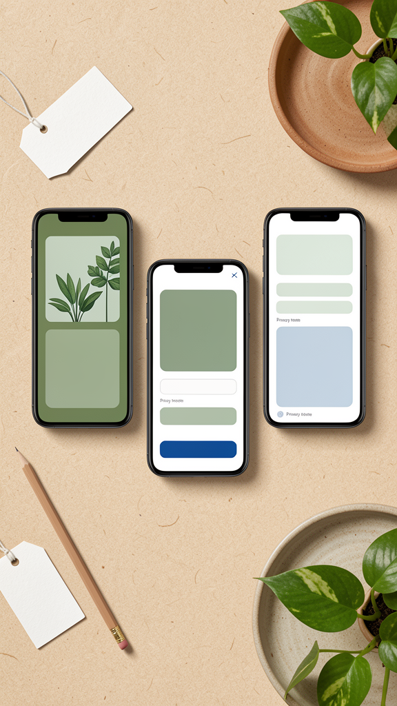 AI-generated concept mockup showing abstract phone screens for plant list, add plant, and privacy note flows.